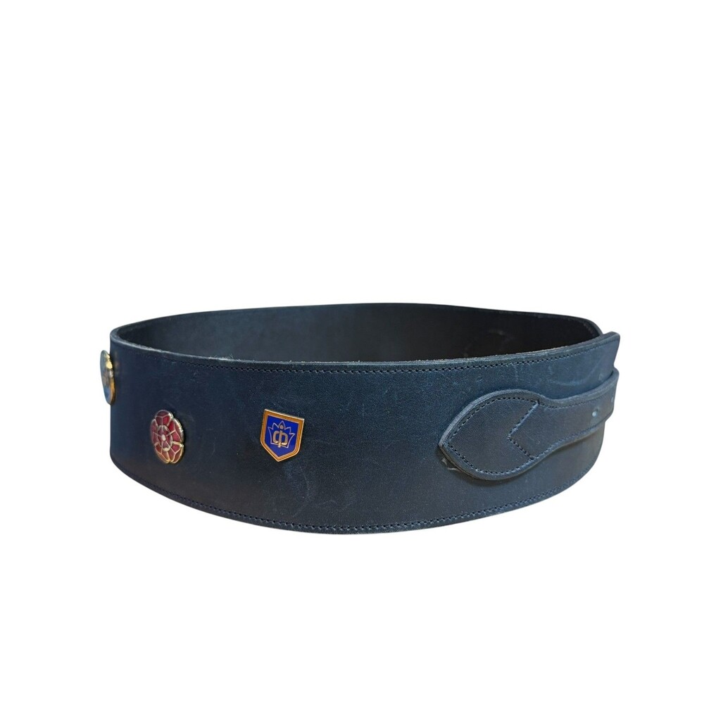 Vintage 70s Mulberry Black Leather Stable Trophy Belt w/ British Heraldry Badges - Picture 5 of 13